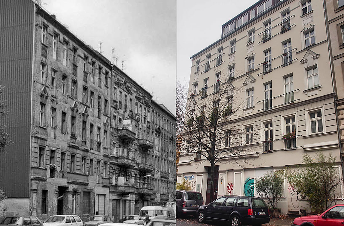 Fassade Christburger Straße 31 vor und nach der Sanierung